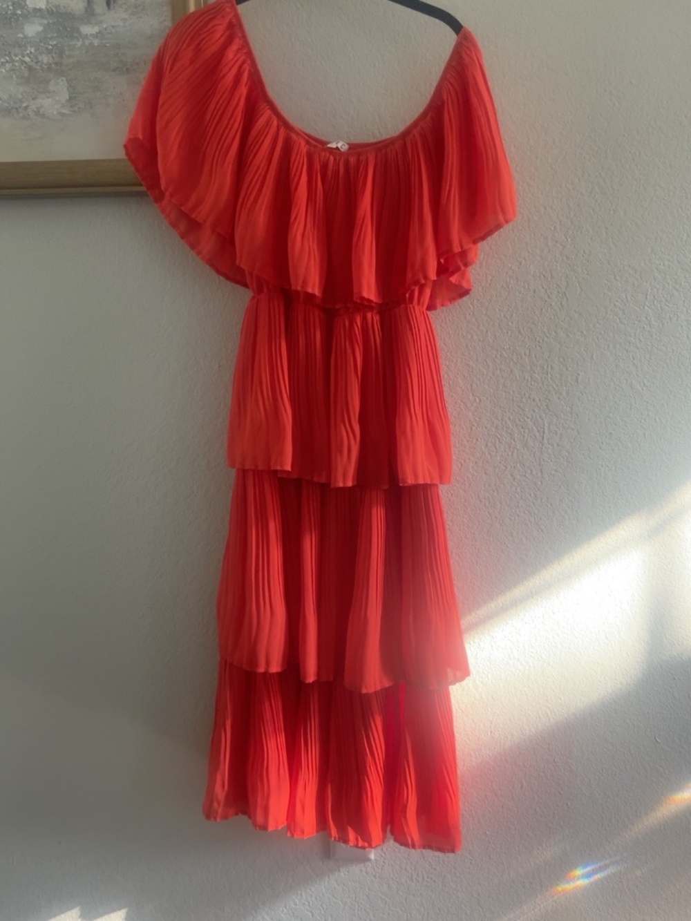 TCEC Coral Pleated Tiered Maxi Dress Off Shoulder Ruffle M